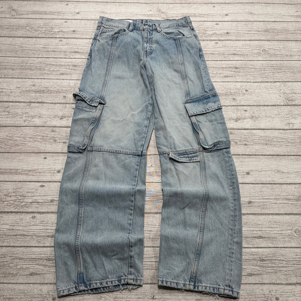 Zara Cargo Jeans Women's 4 Blue Light Wash Wide Leg High Rise Fit Utility Denim